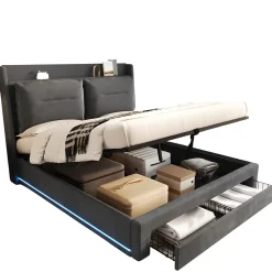 Generique Lit coffre 180x200 cm - Lit Double Capitonné avec Tiroirs et Éclairage LED - Velours - Sans Matelas - Gris* Lit Coffre