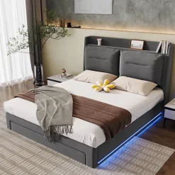 Generique Lit coffre 180x200 cm - Lit Double Capitonné avec Tiroirs et Éclairage LED - Velours - Sans Matelas - Gris* Lit Coffre