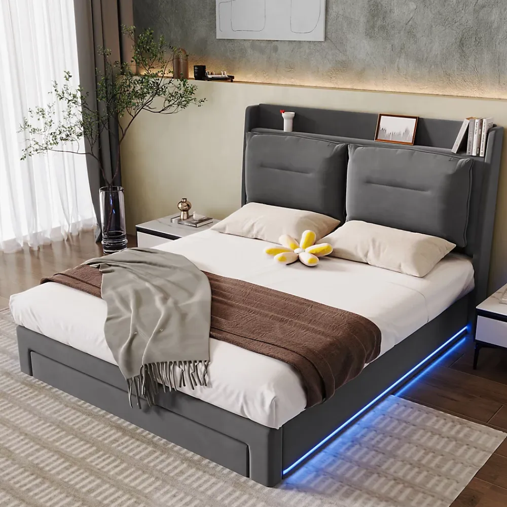 Generique Lit coffre 180x200 cm - Lit Double Capitonné avec Tiroirs et Éclairage LED - Velours - Sans Matelas - Gris* Lit Coffre