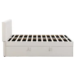 Lit coffre 140x200 cm - Lit double avec sommier à lattes et tête de lit - ouverture2 côtés en Lin - Beige><noscript><img width=