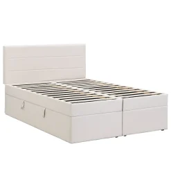 Lit coffre 140x200 cm - Lit double avec sommier à lattes et tête de lit - ouverture2 côtés en Lin - Beige><noscript><img width=