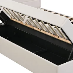 Lit coffre 140x200 cm - Lit double avec sommier à lattes et tête de lit - ouverture2 côtés en Lin - Beige><noscript><img width=