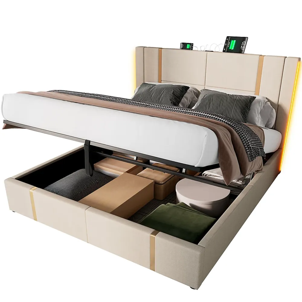 Okwish Lit coffre 140x200 cm - Lit double capitonné avec LED et chargement USB Type C - Textile en lin - Matelas Inclus - Beige* Ensemble Sommier Et Matelas
