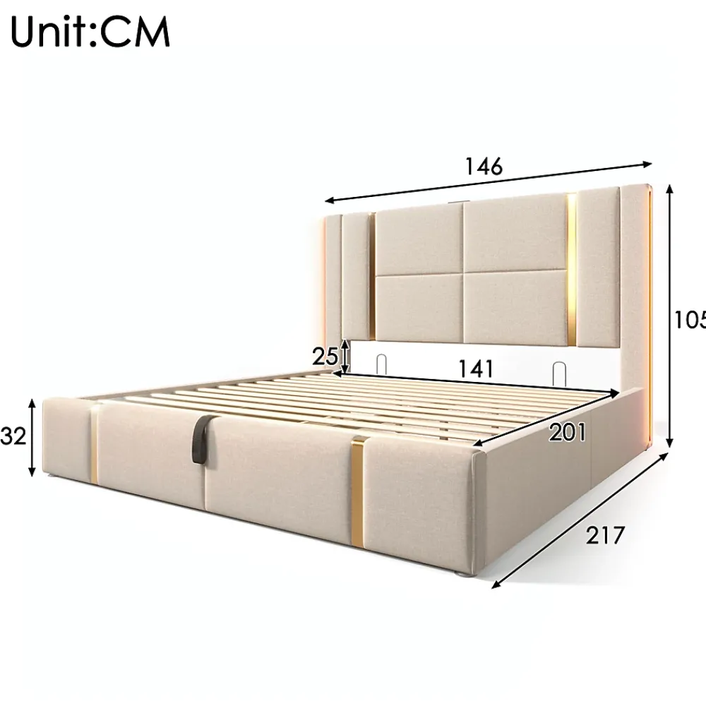 Okwish Lit coffre 140x200 cm - Lit double capitonné avec LED et chargement USB Type C - Textile en lin - Matelas Inclus - Beige* Ensemble Sommier Et Matelas
