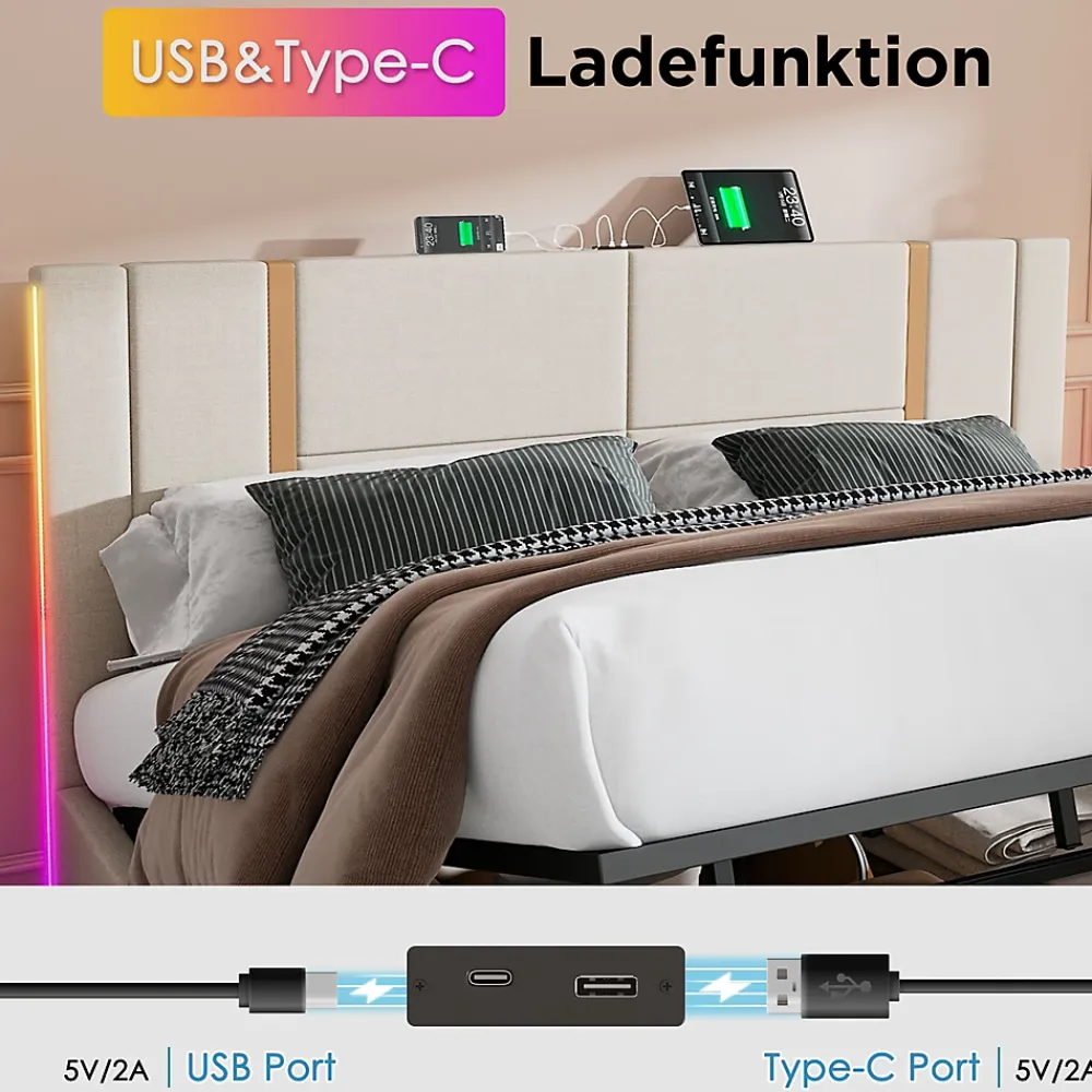 Okwish Lit coffre 140x200 cm - Lit double capitonné avec LED et chargement USB Type C - Textile en lin - Matelas Inclus - Beige* Ensemble Sommier Et Matelas