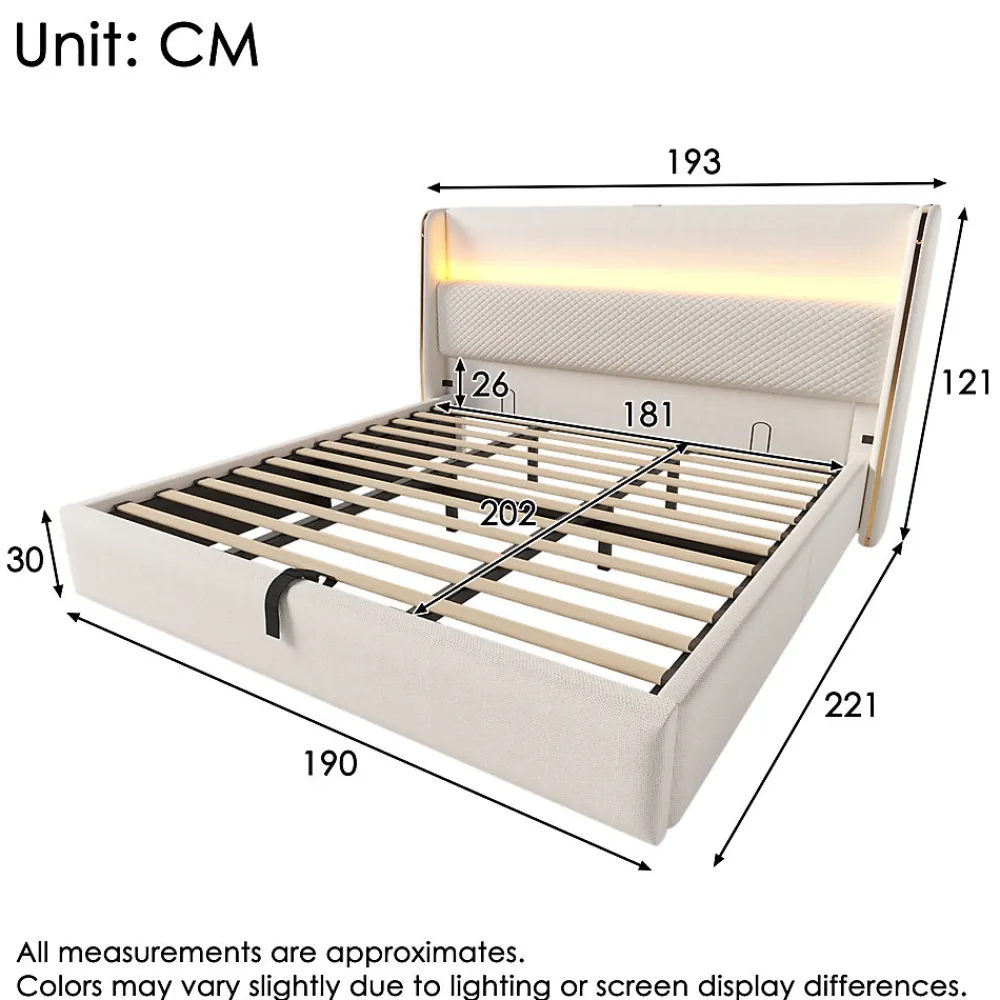 Lit Coffre 180x200 cm - Lit Double avec Sommier Relevable et Rangement - Ports USB Type-C - Tissu Lin Beige - Sans Matelas>Okwish New