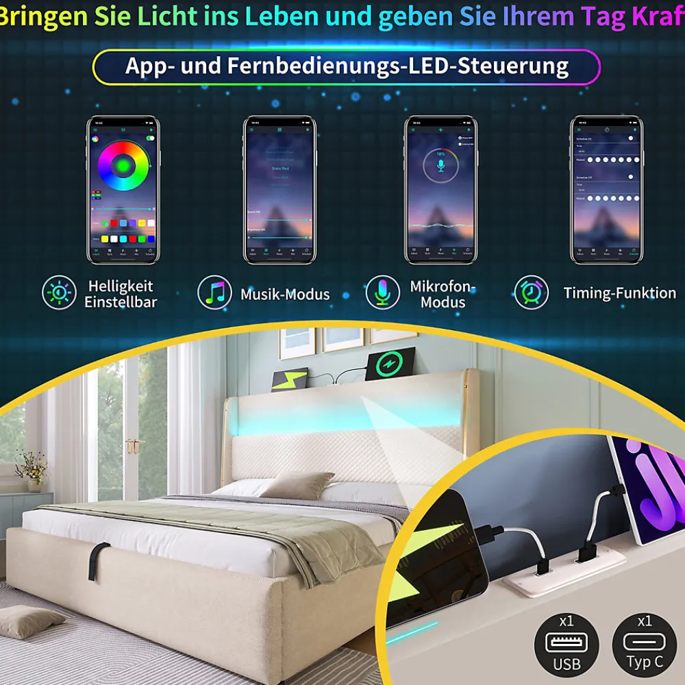 Lit Coffre 180x200 cm - Lit Double avec Sommier Relevable et Rangement - Ports USB Type-C - Tissu Lin Beige - Sans Matelas>Okwish New