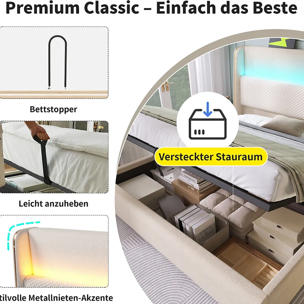 Lit Coffre 180x200 cm - Lit Double avec Sommier Relevable et Rangement - Ports USB Type-C - Tissu Lin Beige - Sans Matelas>Okwish New