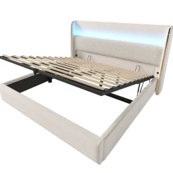 Lit Coffre 180x200 cm - Lit Double avec Sommier Relevable et Rangement - Ports USB Type-C - Tissu Lin Beige - Sans Matelas><noscript><img width=