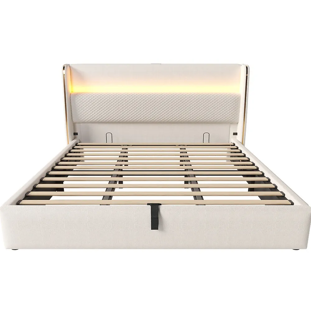 Lit Coffre 180x200 cm - Lit Double avec Sommier Relevable et Rangement - Ports USB Type-C - Tissu Lin Beige - Sans Matelas>Okwish New