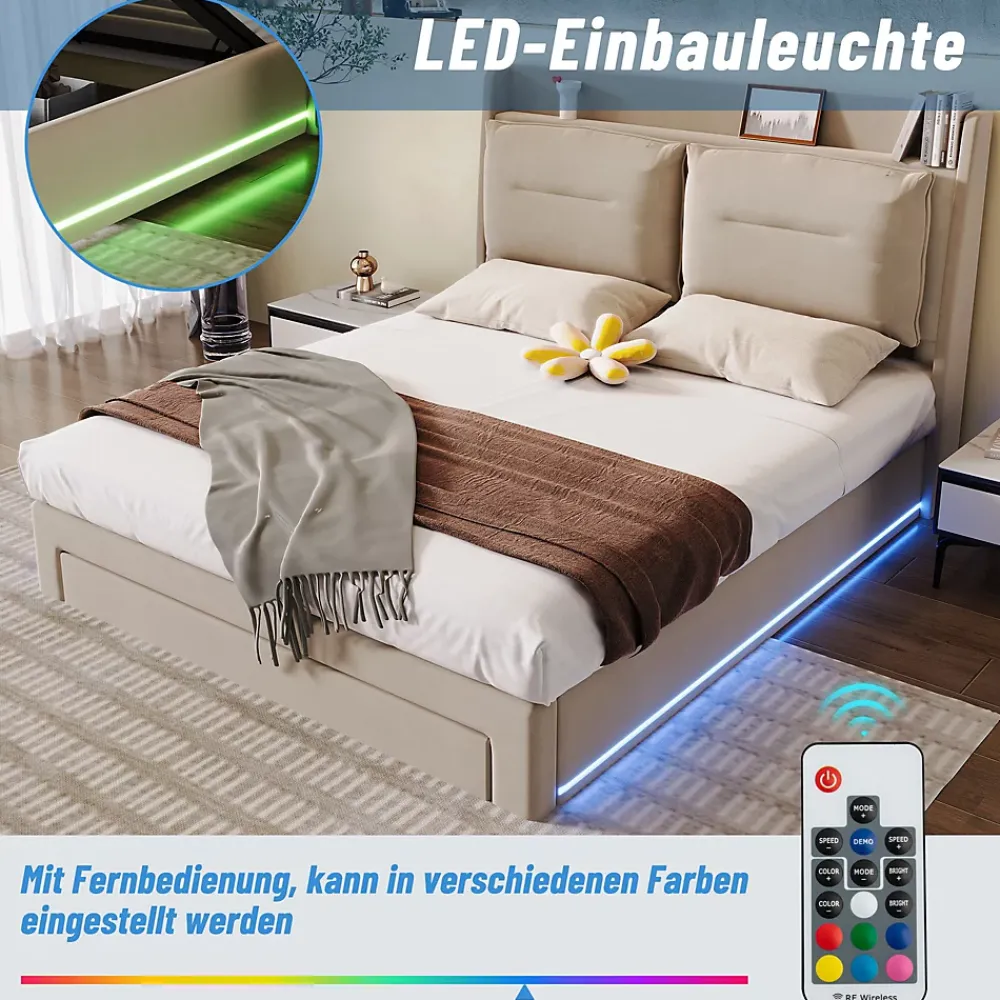 Generique Lit coffre 180x200 cm - Lit Double Capitonné avec Tiroirs et Éclairage LED - Velours - Sans Matelas - Beige* Lit Coffre