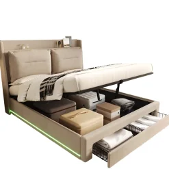 Generique Lit coffre 180x200 cm - Lit Double Capitonné avec Tiroirs et Éclairage LED - Velours - Sans Matelas - Beige* Lit Coffre