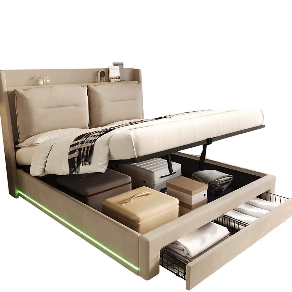 Generique Lit coffre 180x200 cm - Lit Double Capitonné avec Tiroirs et Éclairage LED - Velours - Sans Matelas - Beige* Lit Coffre