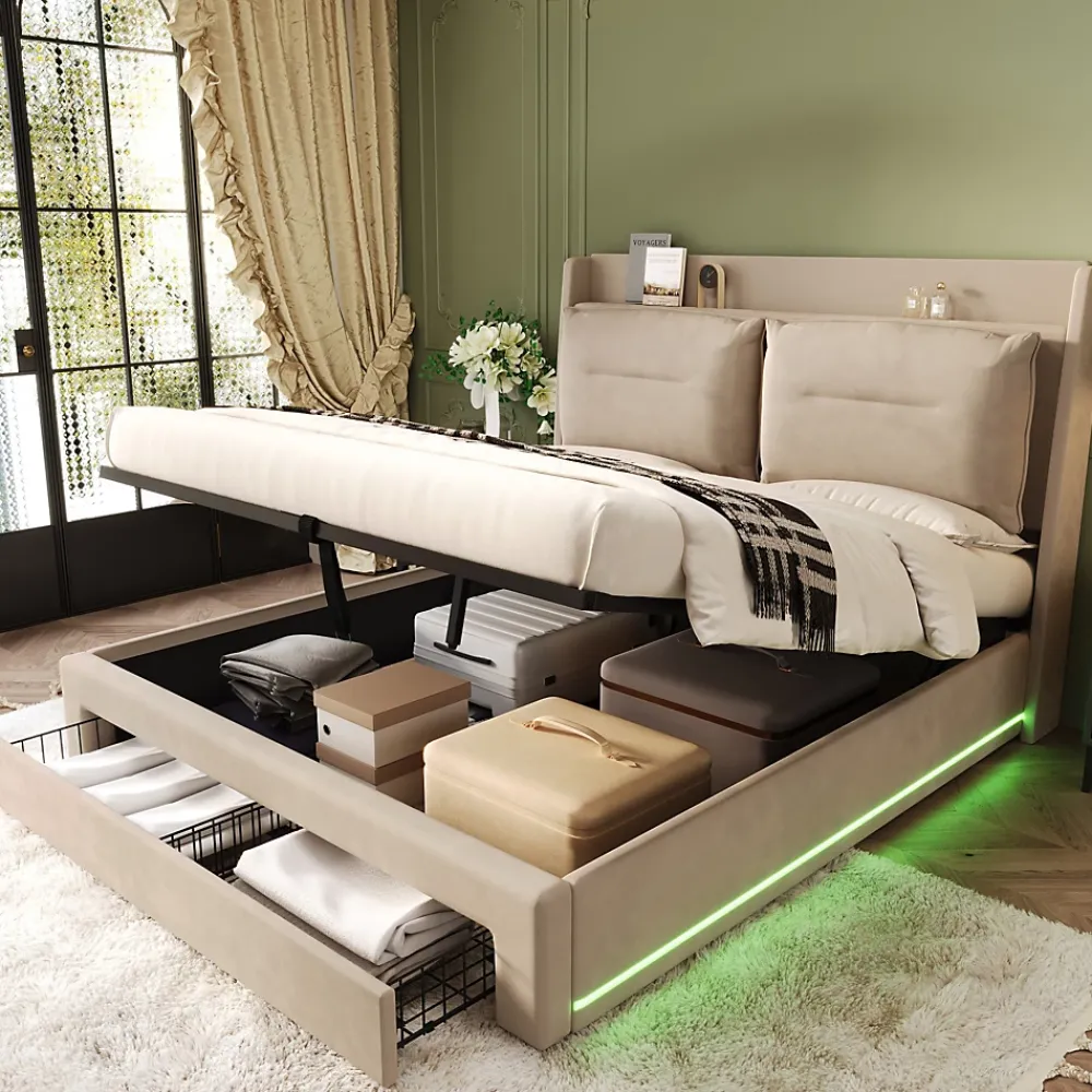 Generique Lit coffre 180x200 cm - Lit Double Capitonné avec Tiroirs et Éclairage LED - Velours - Sans Matelas - Beige* Lit Coffre