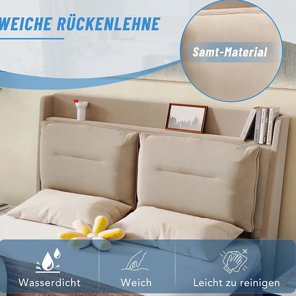 Generique Lit coffre 180x200 cm - Lit Double Capitonné avec Tiroirs et Éclairage LED - Velours - Sans Matelas - Beige* Lit Coffre