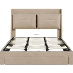 Generique Lit coffre 180x200 cm - Lit Double Capitonné avec Tiroirs et Éclairage LED - Velours - Sans Matelas - Beige* Lit Coffre
