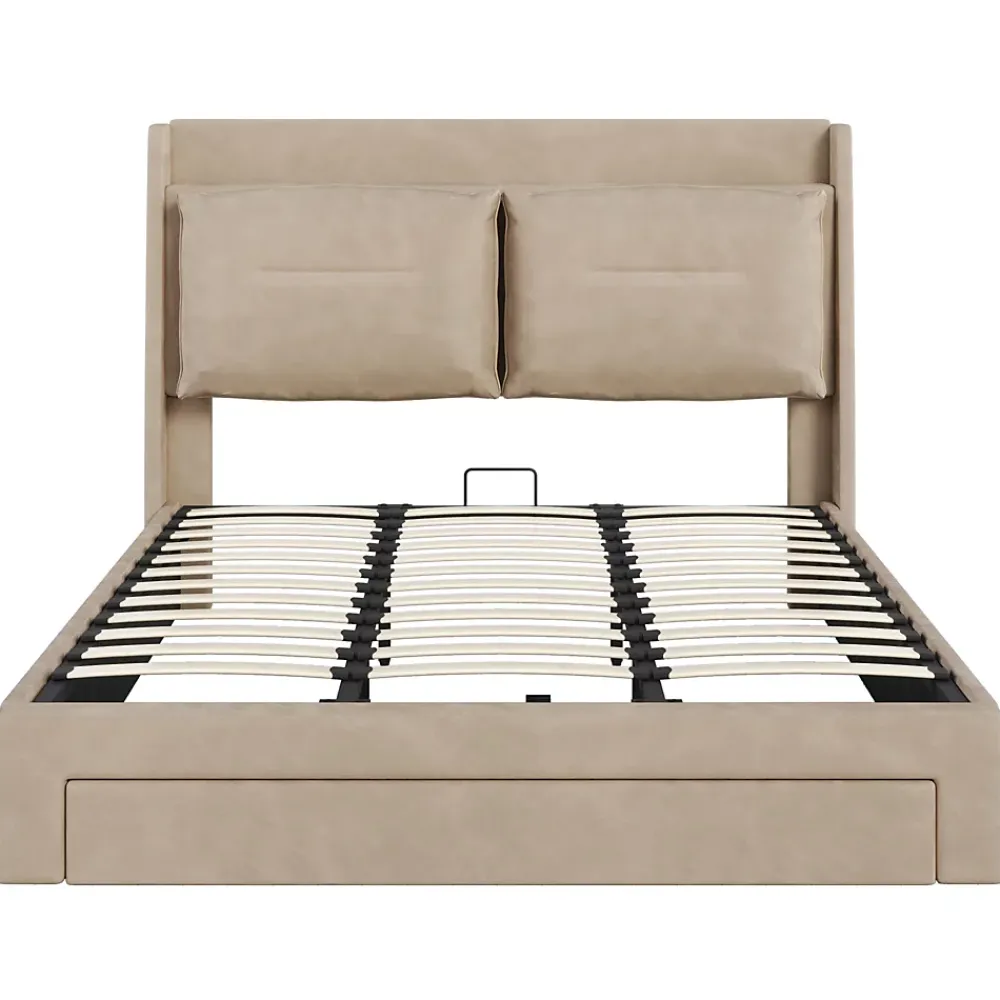 Generique Lit coffre 180x200 cm - Lit Double Capitonné avec Tiroirs et Éclairage LED - Velours - Sans Matelas - Beige* Lit Coffre
