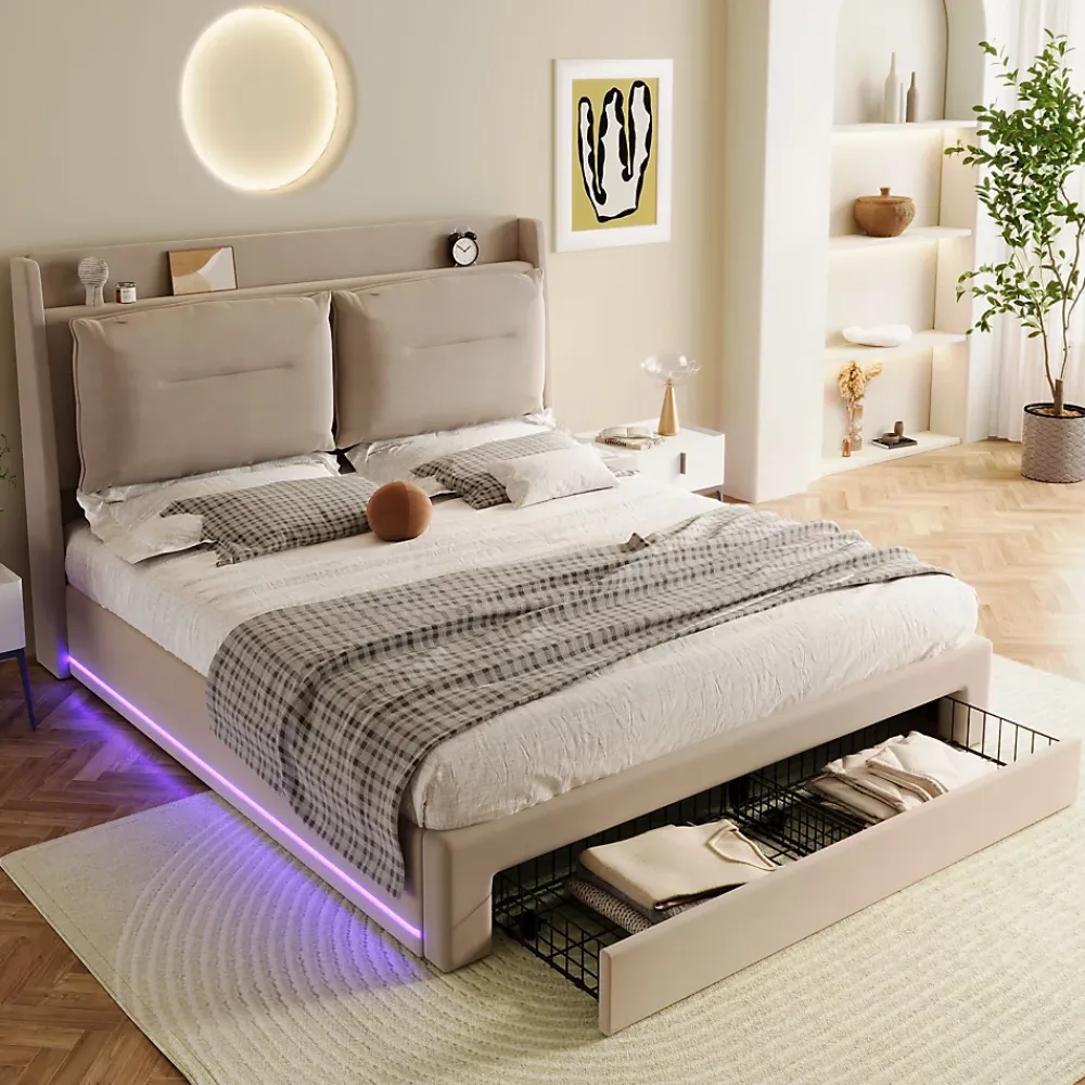 Generique Lit coffre 180x200 cm - Lit Double Capitonné avec Tiroirs et Éclairage LED - Velours - Sans Matelas - Beige* Lit Coffre