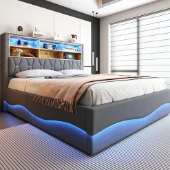 Okwish Lit Coffre 180x200 cm - Lit Double avec Rangement Hydraulique et Éclairage LED APP - avec Port USB - Lin et Métal - Gris* Lit Coffre