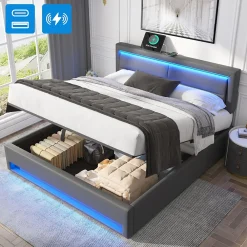 Generique Lit Coffre 140x200 cm - Lit Double Capitonné avec Port USB et Éclairage LED - Similicuir - Gris - Sans Matelas* Lit Coffre