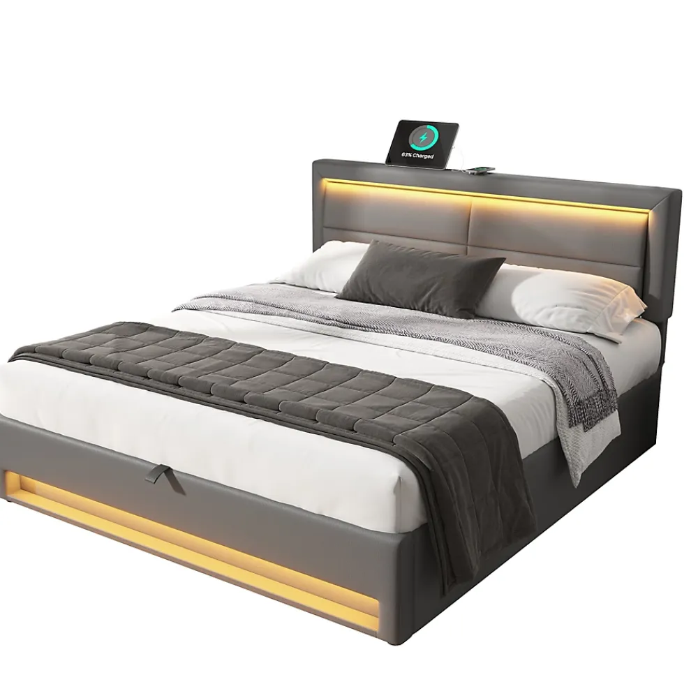 Generique Lit Coffre 140x200 cm - Lit Double Capitonné avec Port USB et Éclairage LED - Similicuir - Gris - Sans Matelas* Lit Coffre