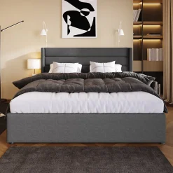 Okwish Lit coffre 160x200 cm - Lit double capitonné avec sommier à lattes - Lin - Matelas Inclus - Gris* Ensemble Sommier Et Matelas