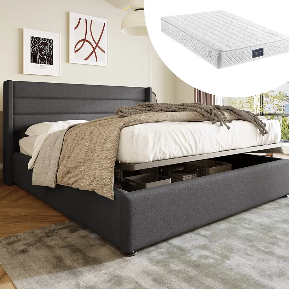 Okwish Lit coffre 160x200 cm - Lit double capitonné avec sommier à lattes - Lin - Matelas Inclus - Gris* Ensemble Sommier Et Matelas
