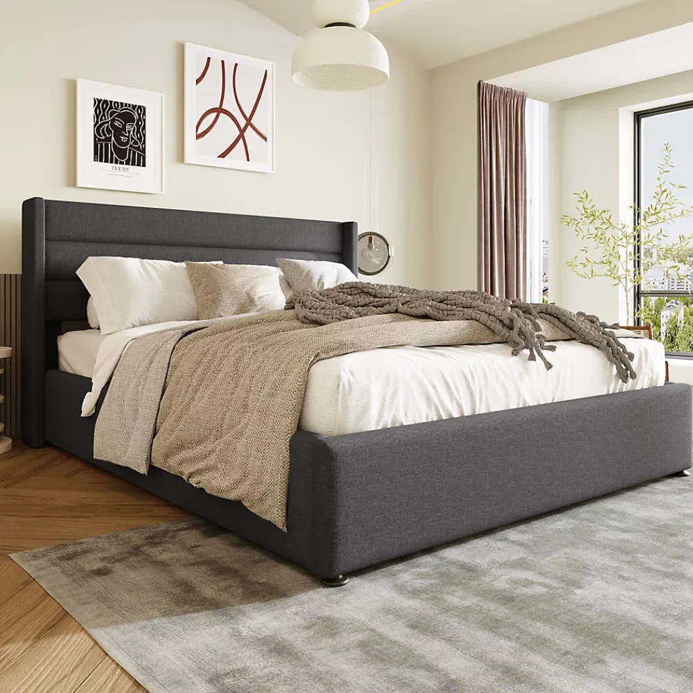 Okwish Lit coffre 160x200 cm - Lit double capitonné avec sommier à lattes - Lin - Matelas Inclus - Gris* Ensemble Sommier Et Matelas