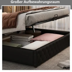 Lit coffre 180x200 cm - Lit double avec coffre de rangement et éclairage LED - Lit capitonné en cuir PU - Sans matelas - Noir><noscript><img width=
