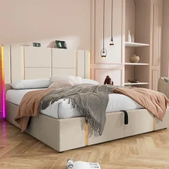 Okwish Lit coffre 180x200 cm - Lit double capitonné avec LED et USB Type C - Textile en lin - Sans Matelas - Beige* Lit Coffre
