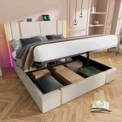 Okwish Lit coffre 180x200 cm - Lit double capitonné avec LED et USB Type C - Textile en lin - Sans Matelas - Beige* Lit Coffre