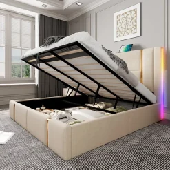 Okwish Lit coffre 180x200 cm - Lit double capitonné avec LED et USB Type C - Textile en lin - Sans Matelas - Beige* Lit Coffre