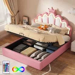 Lit Coffre 140x200 cm - Lit Double enfant avec Lumière d'Ambiance Réglable, Capitonné, MDF et Similicuir, Rose, Sans Matelas>Okwish New