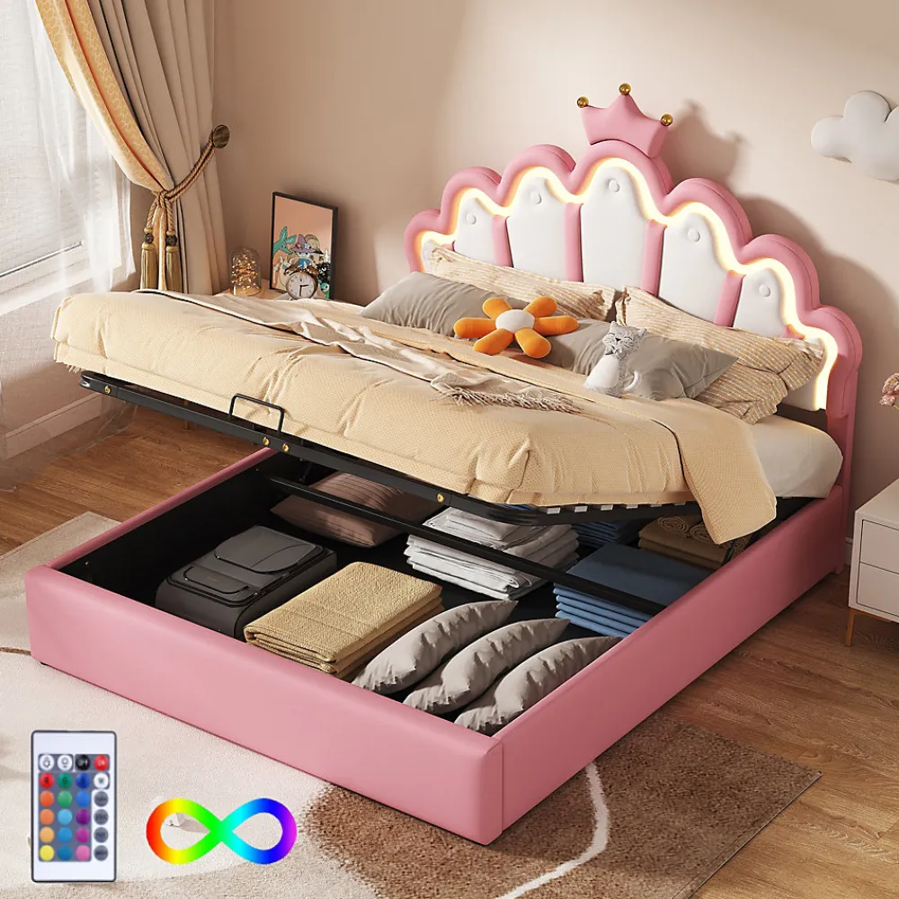 Lit Coffre 140x200 cm - Lit Double enfant avec Lumière d'Ambiance Réglable, Capitonné, MDF et Similicuir, Rose, Sans Matelas>Okwish New