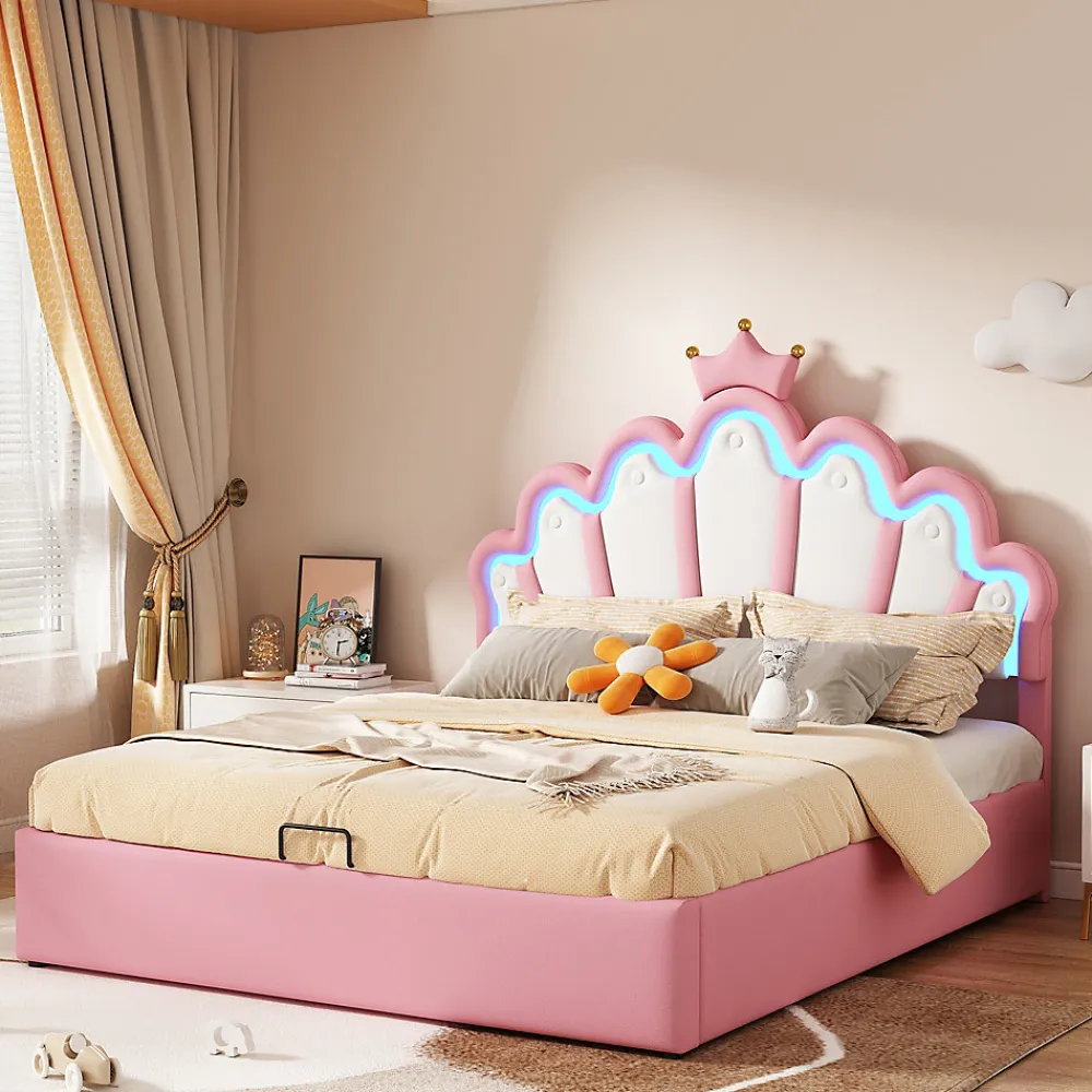 Lit Coffre 140x200 cm - Lit Double enfant avec Lumière d'Ambiance Réglable, Capitonné, MDF et Similicuir, Rose, Sans Matelas>Okwish New