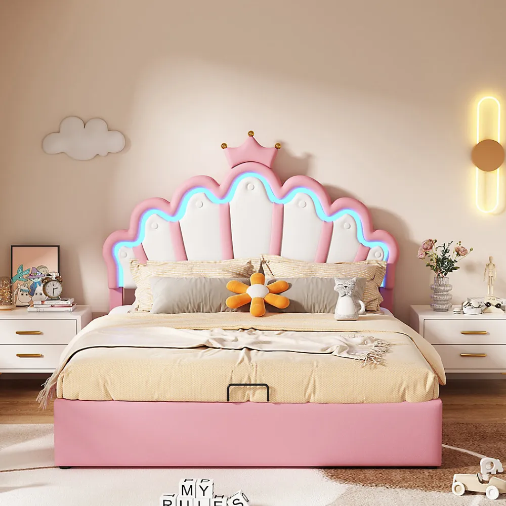 Lit Coffre 140x200 cm - Lit Double enfant avec Lumière d'Ambiance Réglable, Capitonné, MDF et Similicuir, Rose, Sans Matelas>Okwish New