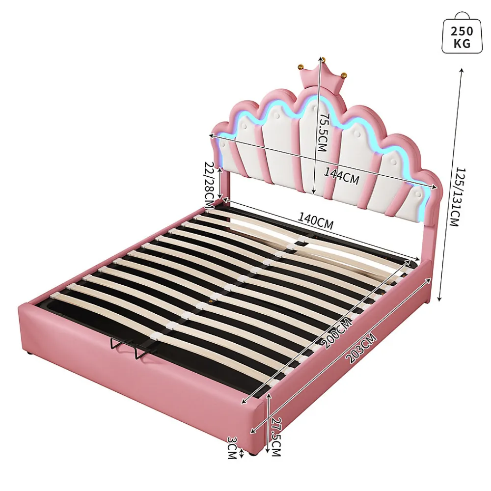 Lit Coffre 140x200 cm - Lit Double enfant avec Lumière d'Ambiance Réglable, Capitonné, MDF et Similicuir, Rose, Sans Matelas>Okwish New