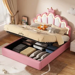Lit Coffre 140x200 cm - Lit Double enfant avec Lumière d'Ambiance Réglable, Capitonné, MDF et Similicuir, Rose, Sans Matelas><noscript><img width=