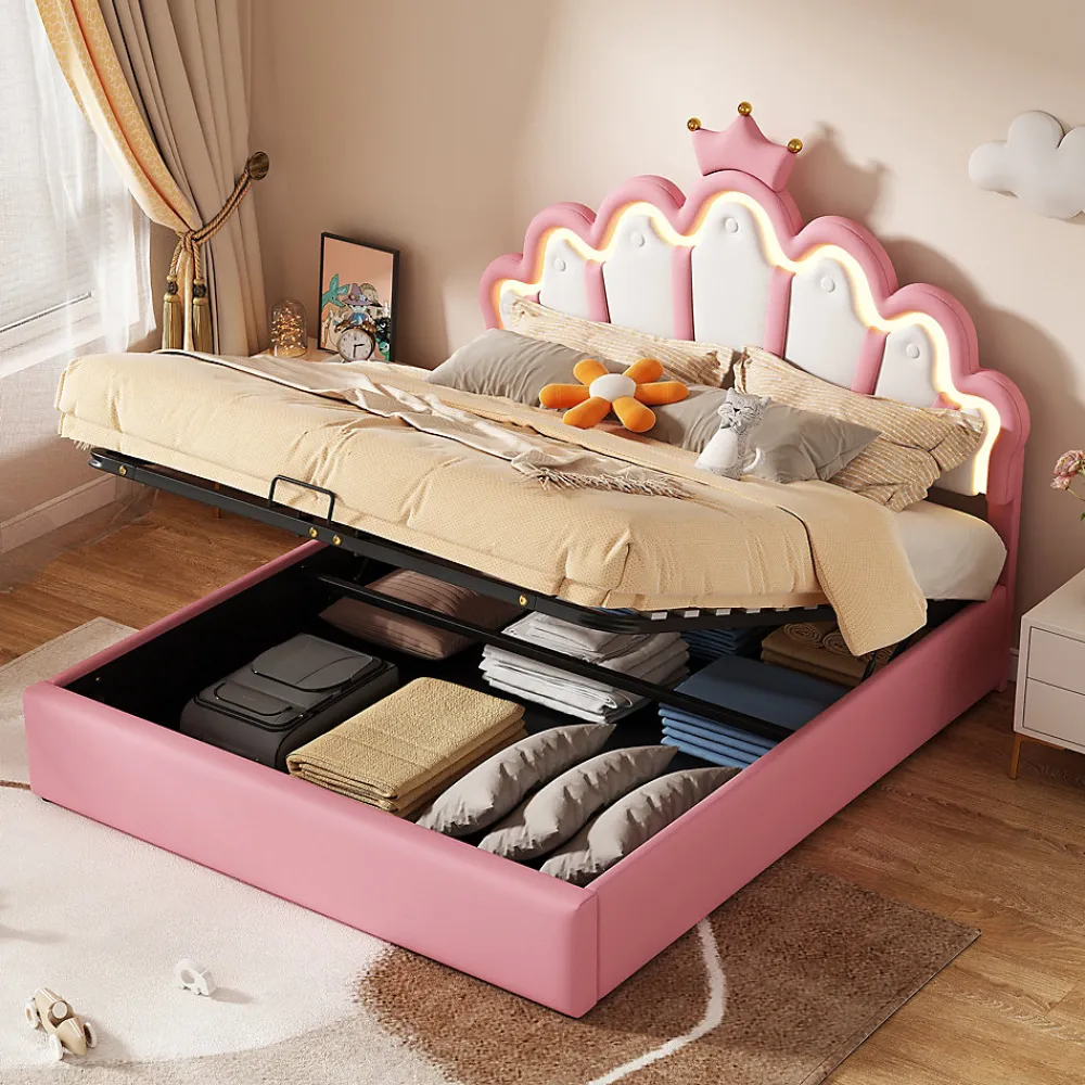Lit Coffre 140x200 cm - Lit Double enfant avec Lumière d'Ambiance Réglable, Capitonné, MDF et Similicuir, Rose, Sans Matelas>Okwish New