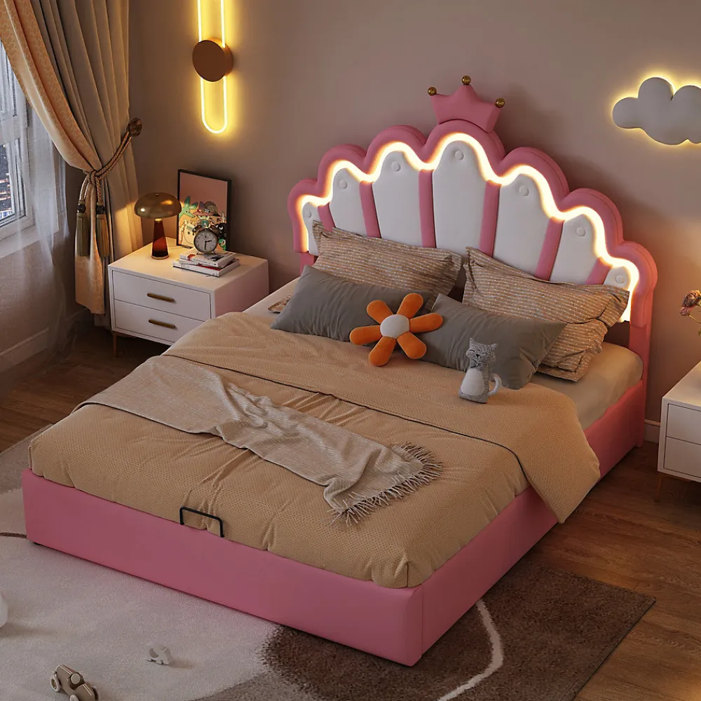 Lit Coffre 140x200 cm - Lit Double enfant avec Lumière d'Ambiance Réglable, Capitonné, MDF et Similicuir, Rose, Sans Matelas>Okwish New