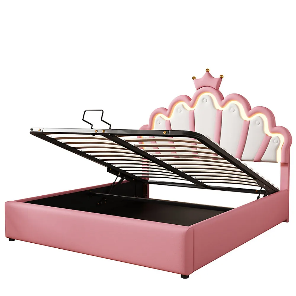 Lit Coffre 140x200 cm - Lit Double enfant avec Lumière d'Ambiance Réglable, Capitonné, MDF et Similicuir, Rose, Sans Matelas>Okwish New