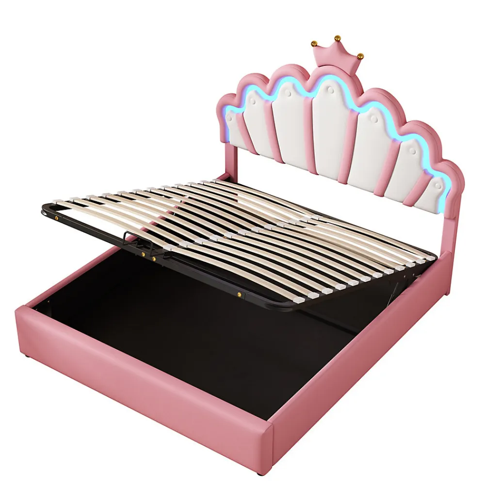 Lit Coffre 140x200 cm - Lit Double enfant avec Lumière d'Ambiance Réglable, Capitonné, MDF et Similicuir, Rose, Sans Matelas>Okwish New