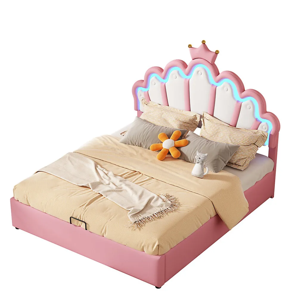 Lit Coffre 140x200 cm - Lit Double enfant avec Lumière d'Ambiance Réglable, Capitonné, MDF et Similicuir, Rose, Sans Matelas>Okwish New