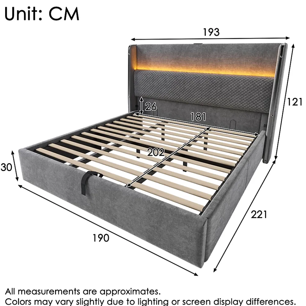 Okwish Lit Coffre 180x200 cm - Lit Double avec Sommier Relevable et Rangement - LED et Ports USB Type-C - Tissu Lin Gris - Sans Matelas* Lit Coffre