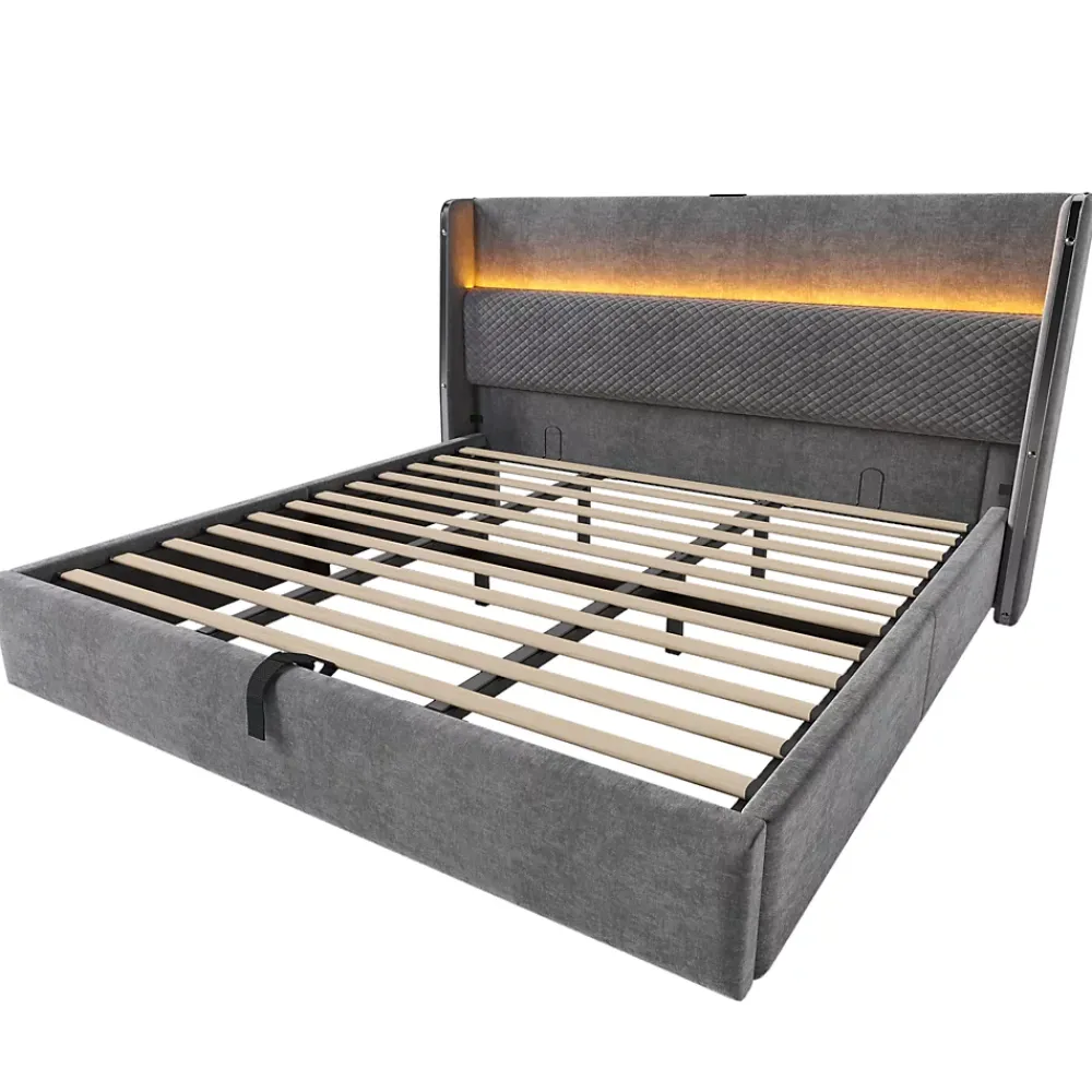 Okwish Lit Coffre 180x200 cm - Lit Double avec Sommier Relevable et Rangement - LED et Ports USB Type-C - Tissu Lin Gris - Sans Matelas* Lit Coffre