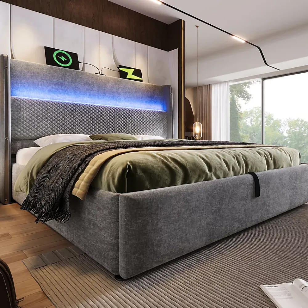 Okwish Lit Coffre 180x200 cm - Lit Double avec Sommier Relevable et Rangement - LED et Ports USB Type-C - Tissu Lin Gris - Sans Matelas* Lit Coffre