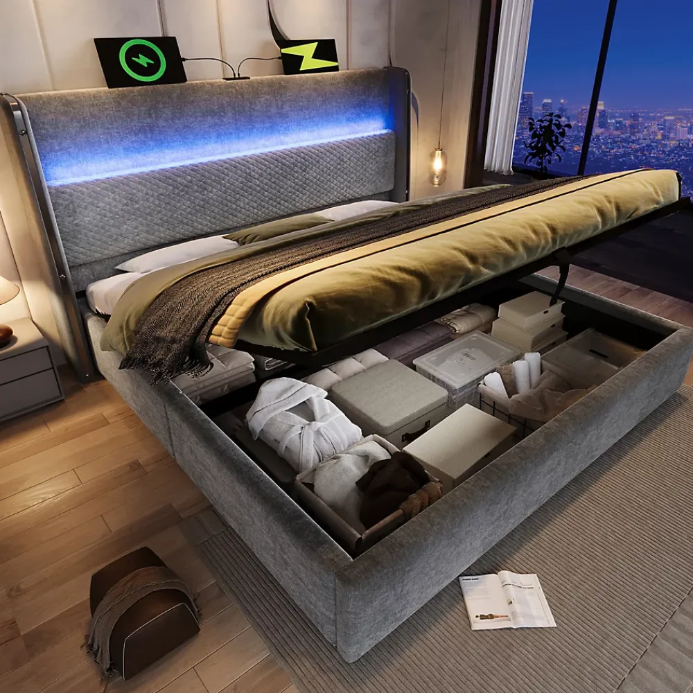 Okwish Lit Coffre 180x200 cm - Lit Double avec Sommier Relevable et Rangement - LED et Ports USB Type-C - Tissu Lin Gris - Sans Matelas* Lit Coffre