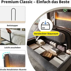 Okwish Lit Coffre 180x200 cm - Lit Double avec Sommier Relevable et Rangement - LED et Ports USB Type-C - Tissu Lin Gris - Sans Matelas* Lit Coffre