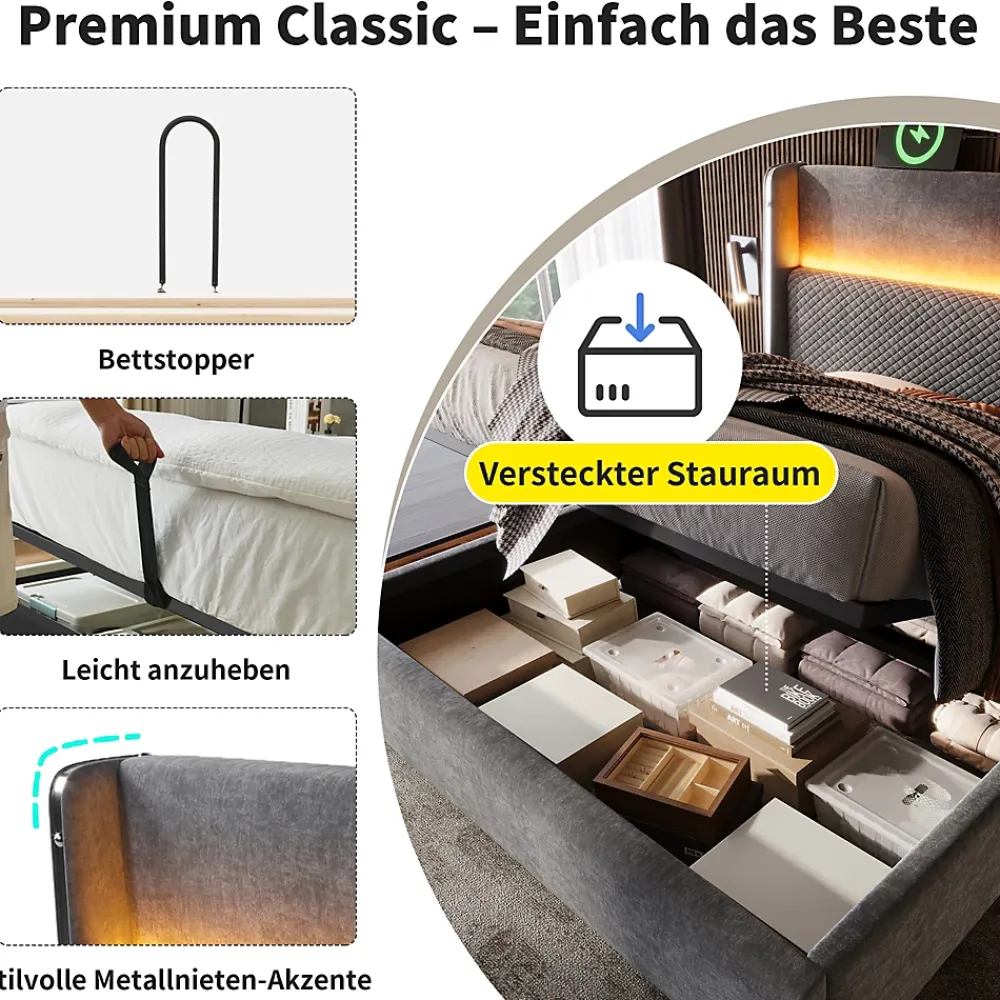 Okwish Lit Coffre 180x200 cm - Lit Double avec Sommier Relevable et Rangement - LED et Ports USB Type-C - Tissu Lin Gris - Sans Matelas* Lit Coffre