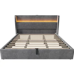 Okwish Lit Coffre 180x200 cm - Lit Double avec Sommier Relevable et Rangement - LED et Ports USB Type-C - Tissu Lin Gris - Sans Matelas* Lit Coffre